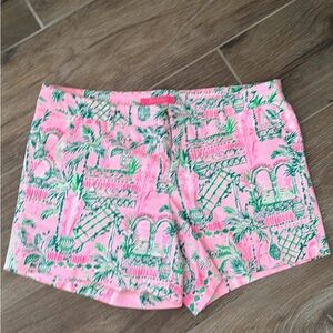 Lilly Pulitzer Neon Pink Shorts with Green Palm Print